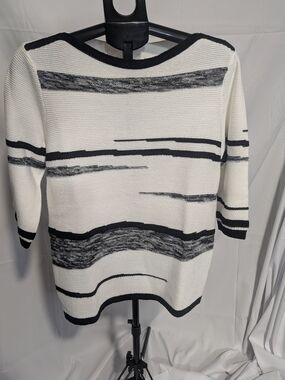 Women's Crewneck Sweater in White with Black Brushstripe